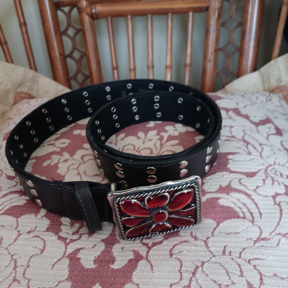 Made in Italy Accessories - Striking Cherry Red Enamel Buckled and Silver Studded Black Leather Belt